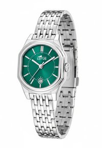 Achteckige silberne Edelstahl-Uhr mit grünem Zifferblatt, silbernen Stundenmarkierungen und Datumsanzeige bei 6 Uhr, mit einem geflochtenen Armband.