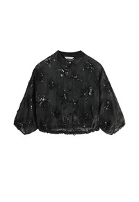 Bluză scurtă neagră din satin cu guler, decorată cu broderie florală din mărgele și manșete elasticizate. Șnurul de la margine adaugă un detaliu.