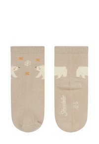 Beige Baumwollsocken mit Mustern von Eisbären und Schneeflocken, mit einem gerippten Bündchen und glatter Textur. Gut für Freizeitkleidung.