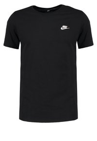 Camiseta de algodón negra con mangas cortas y cuello redondo. Presenta un logo de Nike en blanco en la parte delantera. Diseño sencillo, corte estándar.