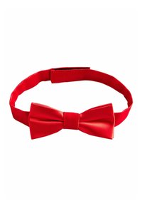 Röd fluga gjord av slät tyg med en strukturerad knut och justerbar rem. Har en enfärgad design utan synliga mönster eller accent.