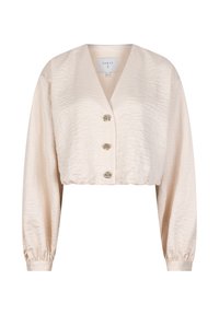 Kruisjack in beige met een gestructureerde satijnen afwerking, voorzien van een v-hals, lange mouwen en drie decoratieve knoopsluitingen aan de voorkant.
