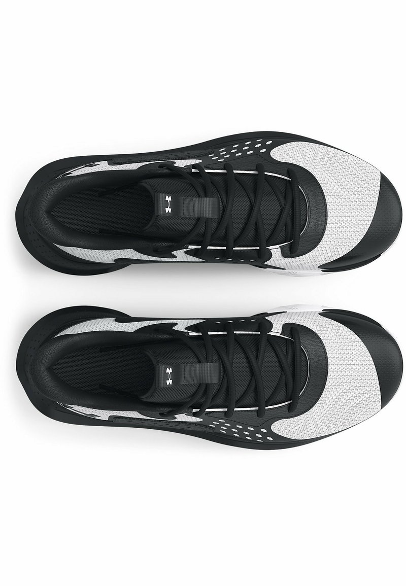 Schwarz-weiße Sportschuhe mit einem Obermaterial aus Mesh, strukturierten Elementen, gepunkteten Akzenten, flachen Schnürsenkeln und einer abgerundeten Zehenpartie. Mit einem Logo auf der Zunge.