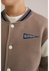 Brun sweatshirt med en ribbad marinblå krage och vita detaljer. Knapparna är i crèmefärg, med en broderad blå "BLUE RIDGE"-logotyp.