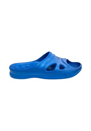Sandalo blu slip-on con punta aperta e ritagli laterali, con soletta sagomata e suola testurizzata per uso casual.