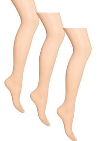 Beige semi-transparante panty's gepresenteerd in drie secties, met een gladde textuur en een close-fitting ontwerp, taps toelopend bij de enkel met een ronde teen.