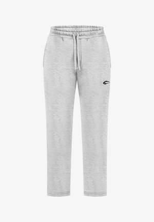 Pantaloni sweat grigi chiari realizzati in tessuto morbido, con vita elastica, cordoncino regolabile e un logo nero sulla coscia sinistra.