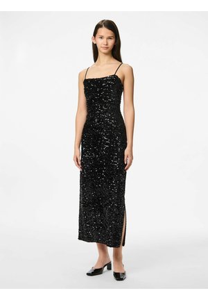 Zwarte pailletten avondjurk met een aansluitende silhouet, vierkante halslijn, dunne bandjes, een zijsplit en een lengte tot de vloer. Accentueert met glanzende pailletten.