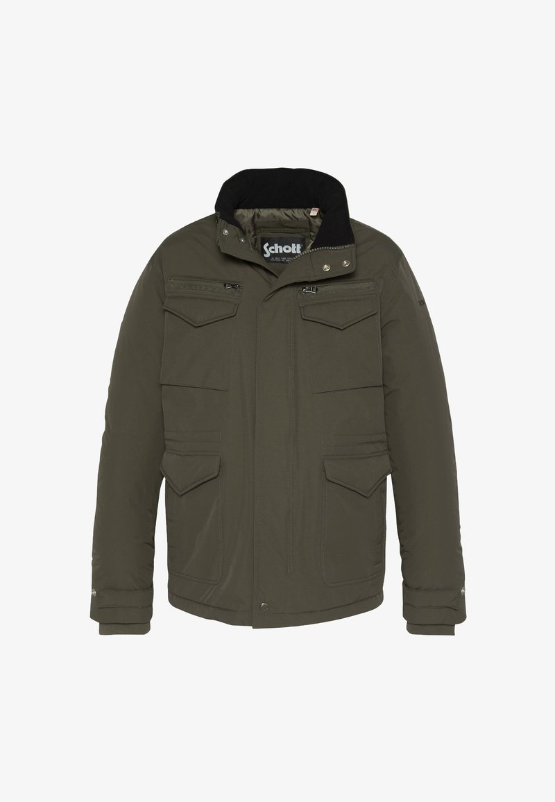 Oliwkowo zielona ocieplana kurtka z czarnym kołnierzem, wieloma przednimi kieszeniami, zamkami błyskawicznymi oraz gładką, matową fakturą.