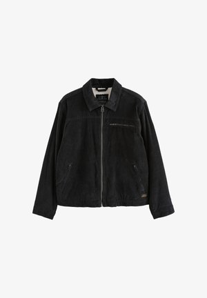 Schwarze Jacke mit Reißverschluss, Kragen und drei vorderen Reißverschlusstaschen, aus strukturiertem Stoff gefertigt.