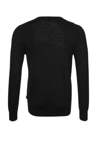 Schwarzer Pullover mit langen Ärmeln, von hinten gezeigt, mit Rundhalsausschnitt und slim fit.