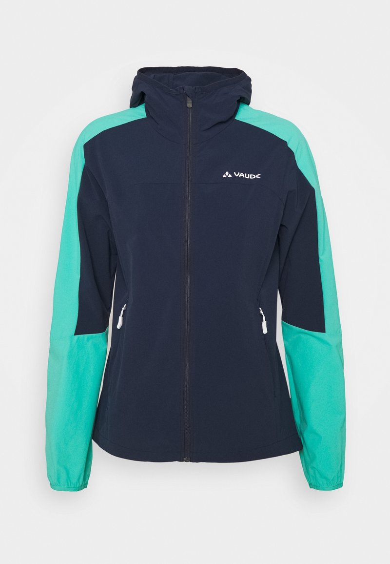 Veste softshell bleu marine et teal avec capuche, dotée de poches zippées et de panneaux de manches contrastés. Légère, avec une coupe élégante.