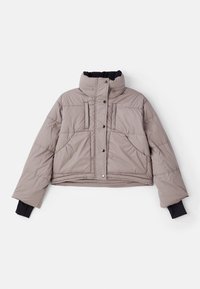 Cropped light gray puffer jacket with a high collar, front snap closures, two chest pockets, and black cuff accents. Smooth texture.