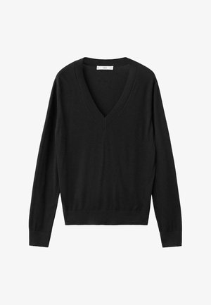 Črn dolg pulover z dolgimi rokavi, izrez v obliki črke V, mehak pleten materiale, rebrast rob in manšete, minimalističen slog, brez vzorcev ali poudarkov.