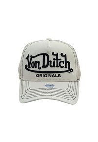Beige basebollkeps med en strukturerad front, med en svart broderad "Von Dutch ORIGINALS" logotyp och nätpaneler på sidorna.