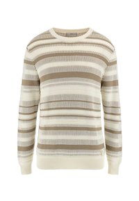 Gestreifter Pullover mit einer Farbpalette aus Creme und Braun, ausgestattet mit einem strukturierten Strickdesign, gerippten Bündchen und einem Rundhalsausschnitt.