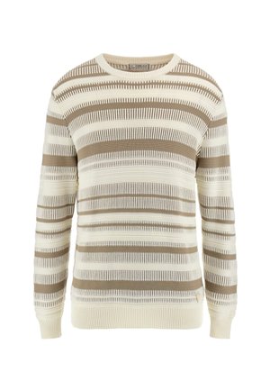 Maglione a righe con una palette di colori crema e marrone, caratterizzato da un design a maglia testurizzata, polsini a costine e scollatura a girocollo.