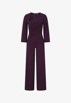 Donkerpaarse lange mouwen jumpsuit met wijde pijpen, gerimpelde taille en asymmetrische halslijn met een ritssluiting aan de achterkant.
