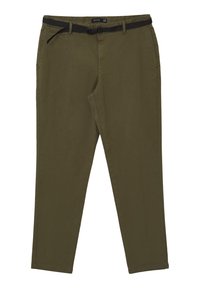 Pantaloni verde oliva in cotone, con una vestibilità dritta, cintura nera e tasche laterali con dettagli di cucitura pulita.