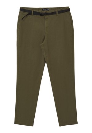 Olivgrüne Baumwollhose mit geradem Schnitt, schwarzem Gürtel und seitlichen Taschen mit sauberem Nähdetail.
