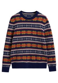 Strickpullover mit rundem Ausschnitt, dunkelblauem Grundton und buntem Fair Isle Muster mit Schneeflockenmotiven in Rot, Gelb und Weiß.