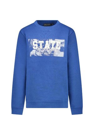 Blauwe sweatshirt met een ronde halslijn, lange mouwen en een gestructureerde grafische print in het wit met de woorden "STATE Academy."