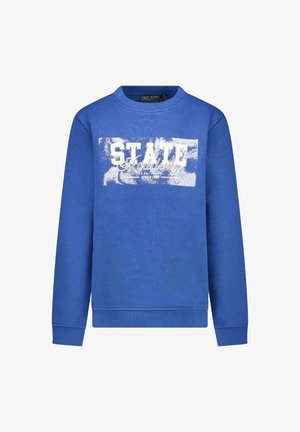 Blauwe sweatshirt met een ronde halslijn, lange mouwen en een gestructureerde grafische print in het wit met de woorden "STATE Academy."
