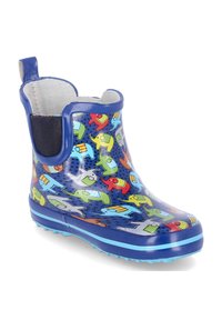 Blauwe rubberen regenlaars met kleurrijke olifantenpatronen, elastische zijpanelen en een gestructureerde zool voor grip. Geschikt voor natte omstandigheden.