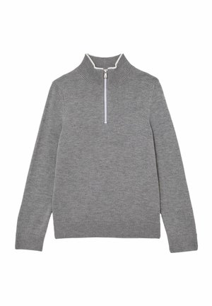 Grijze gebreide trui met een hoge kraag en een halve rits. Geribbelde manchetten en zoom. Zachte textuur, minimalistisch ontwerp zonder patronen of accenten.