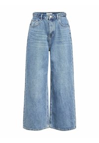 Jeans azzurri chiari a gamba larga realizzati in denim. Presentano una vita alta, chiusura con bottone frontale e cinque tasche. Leggera scoloritura sul tessuto.