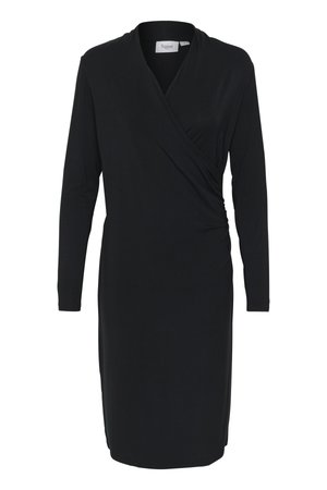 Robe noire cache-coeur avec un décolleté en V, des manches longues et des détails froncés sur le côté, fabriquée en jersey doux.