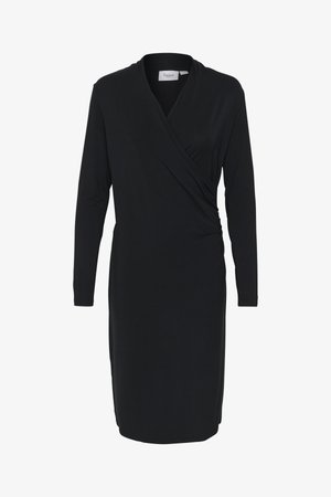 Black wrap dress featuring a v-neckline, long sleeves, and gathered side detailing, made from a soft jersey material.