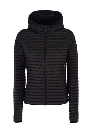 Giacca imbottita leggera nera con cappuccio, cerniera anteriore e maniche lunghe, progettata per offrire calore e un uso casual.