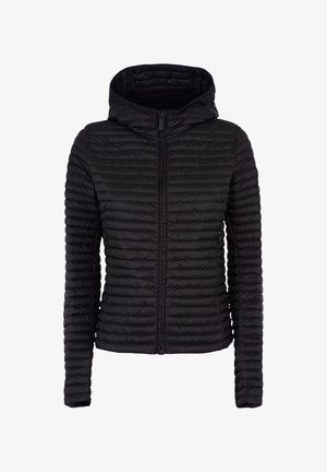 Czarna lekka pikowana kurtka puchowa z kapturem, przednim zamkiem błyskawicznym i długimi rękawami, zaprojektowana z myślą o ciepłe i codziennym użytkowaniu.