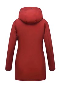 Rode waterdichte jas met een nauwsluitende capuchon, lange mouwen en een gladde textuur. Heeft een minimalistisch ontwerp zonder zichtbare hardware.