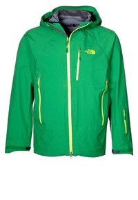Grüne wasserdichte Jacke mit verstellbarer Kapuze, Reißverschluss Taschen und reflektierenden gelben Akzenten. Hergestellt aus leichtem Material mit strukturiertem Finish.