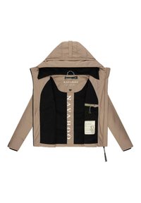 Tan and black puffer jacket with a hood, featuring a zip closure, dual front pockets, and branding on the inner lining. Soft texture.
