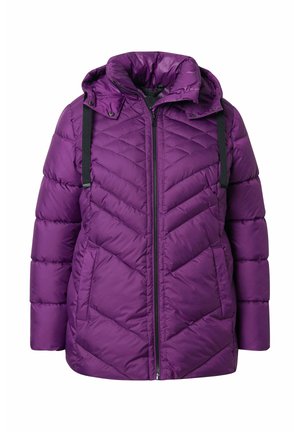 Lila Daunenjacke mit gestepptem Design, Kapuze und zwei Seitentaschen, mit einem Reißverschluss vorne und verstellbaren Riemen an der Kapuze.