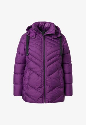 Giacca a vento viola con design trapuntato, cappuccio e due tasche laterali, con zip frontale e cinghie regolabili sul cappuccio.