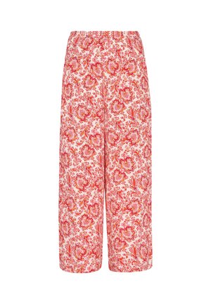 Široké nohavice z ľahkej tkaniny, s červenými a ružovými kvetinovými paisley vzormi a elastickým pásom pre pohodlie.