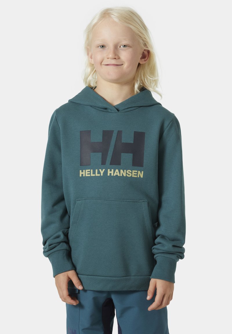 Turkusowa bluza z kapturem, wykonana z miękkiego materiału, z przednią kieszenią, zdobiona dużym czarnym logo "HH" oraz napisem "HELLY HANSEN" w kolorze złotym.