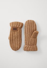 Moufles tricotées dans une couleur marron chaud, présentant une texture côtelée, un poignet et une étiquette en cuir marron avec "UGG" en relief.