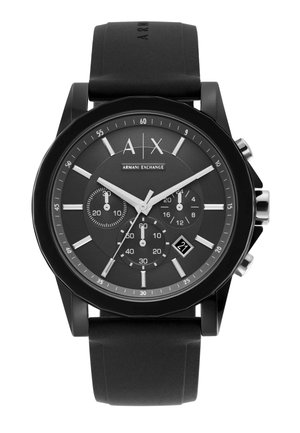 Black Armani Exchange wristwatch with chronograph subdials, date window at 4 o'clock, silver hour markers, and black silicone strap.