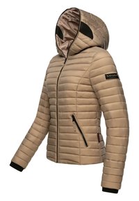 Beige quilted jacket with a fitted hood, zippered front, and side pockets. Features black accents on cuffs and a logo patch on the sleeve.