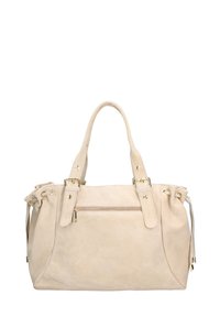 Borsa a tracolla in camoscio beige con doppi manici, tasca frontale con cerniera, dettagli con coulisse e ferramenta dorata. Texture liscia con forma strutturata.