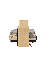 Turntable featuring a wooden base with a light oak finish, black accents, a transparent cover, and visible wiring at the back.