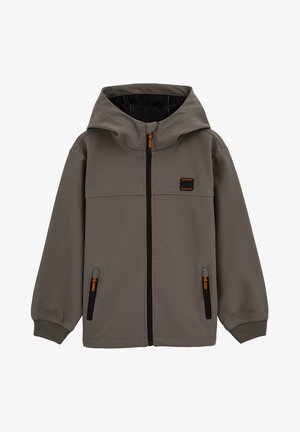 Hoodie-jack in olijfgroen met contrasterende zwarte ritsen en stiksels. Heeft twee steekzakken aan de voorkant en een oranje accent op de ritsen.