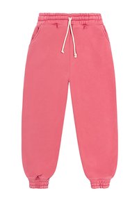 Różowe dresowe spodnie z elastycznym pasem, sznurkiem do regulacji, bocznymi kieszeniami i elastycznymi mankietami. Wykonane z miękkiego, wygodnego materiału.