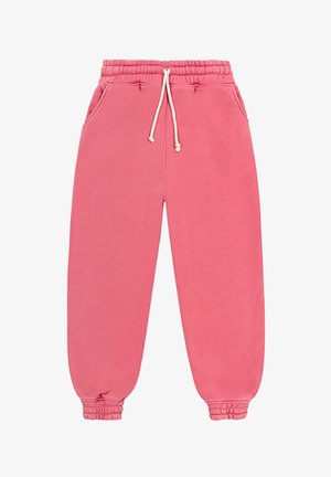 Różowe dresowe spodnie z elastycznym pasem, sznurkiem do regulacji, bocznymi kieszeniami i elastycznymi mankietami. Wykonane z miękkiego, wygodnego materiału.