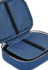 Blue zippered case with elastic loops inside, padded fabric, and a smooth finish. The interior features a contrasting light blue trim.